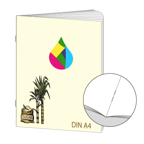 Broschüre aus Zuckerrohrpapier | DIN A4 32-Seiter | bedruckt