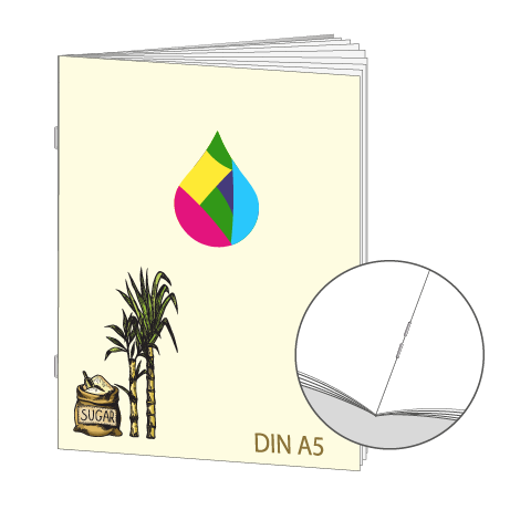Broschüre aus Zuckerrohrpapier | DIN A5 24-Seiter | bedruckt